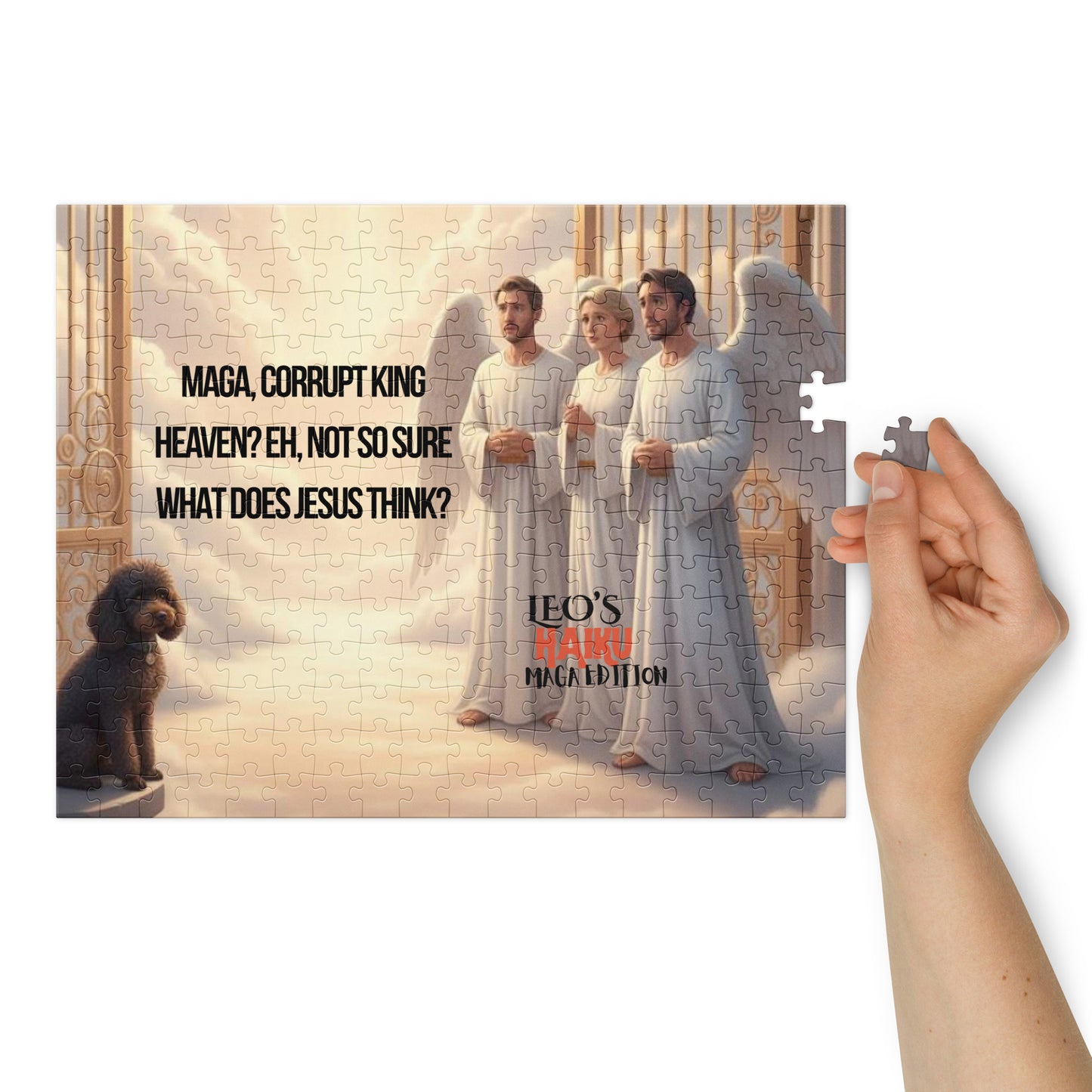 Glossy jigsaw in tin with 252 pieces. Printed with image of 3 angles at the pearly gates as a black dog looks on. Text is political satire in Haiku format, branding included. At the right of the puzzle, a woman's hand holds the last piece to complete the puzzle