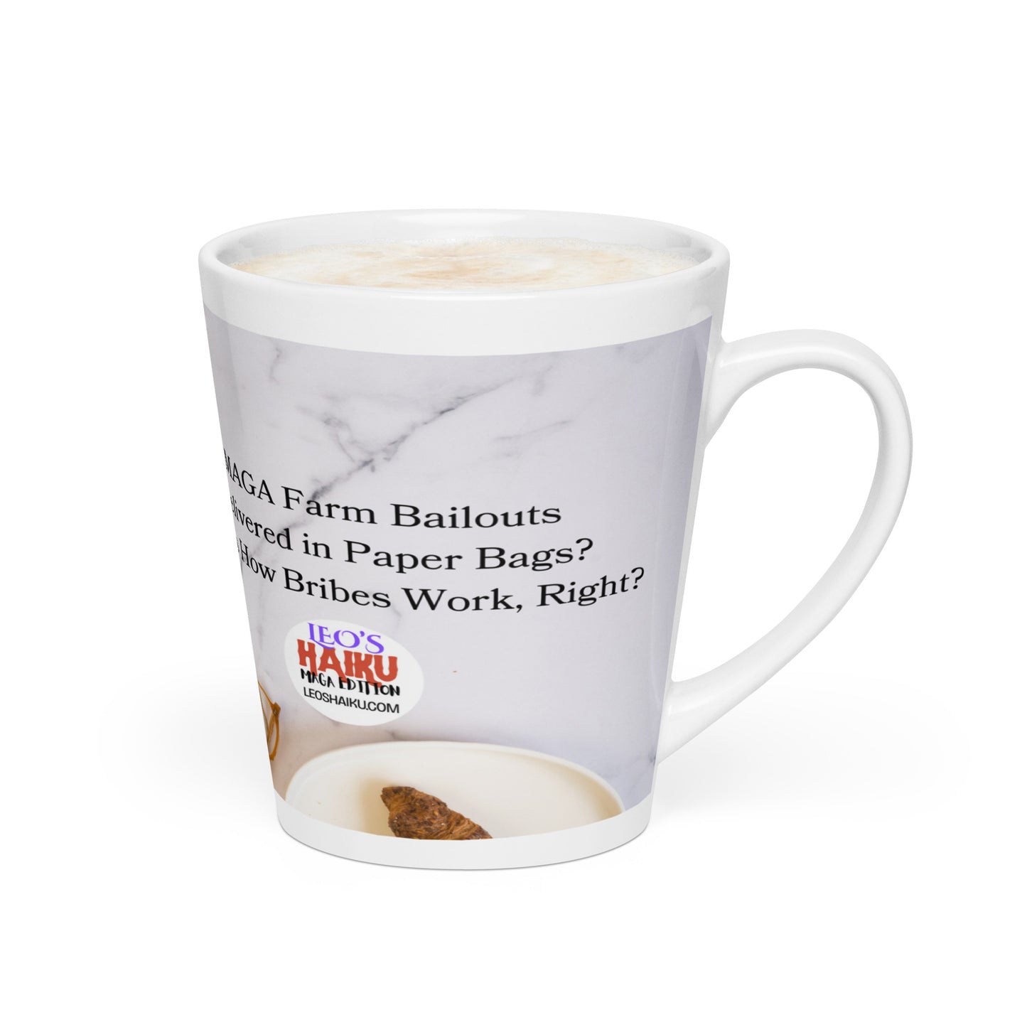 White glossy ceramic mug printed with image of a kitchen counter with a small plate and croissant. Political, satirical, anti-MAGA haiku is partially visible. Text logo for leoshaiku.com is fully visible
