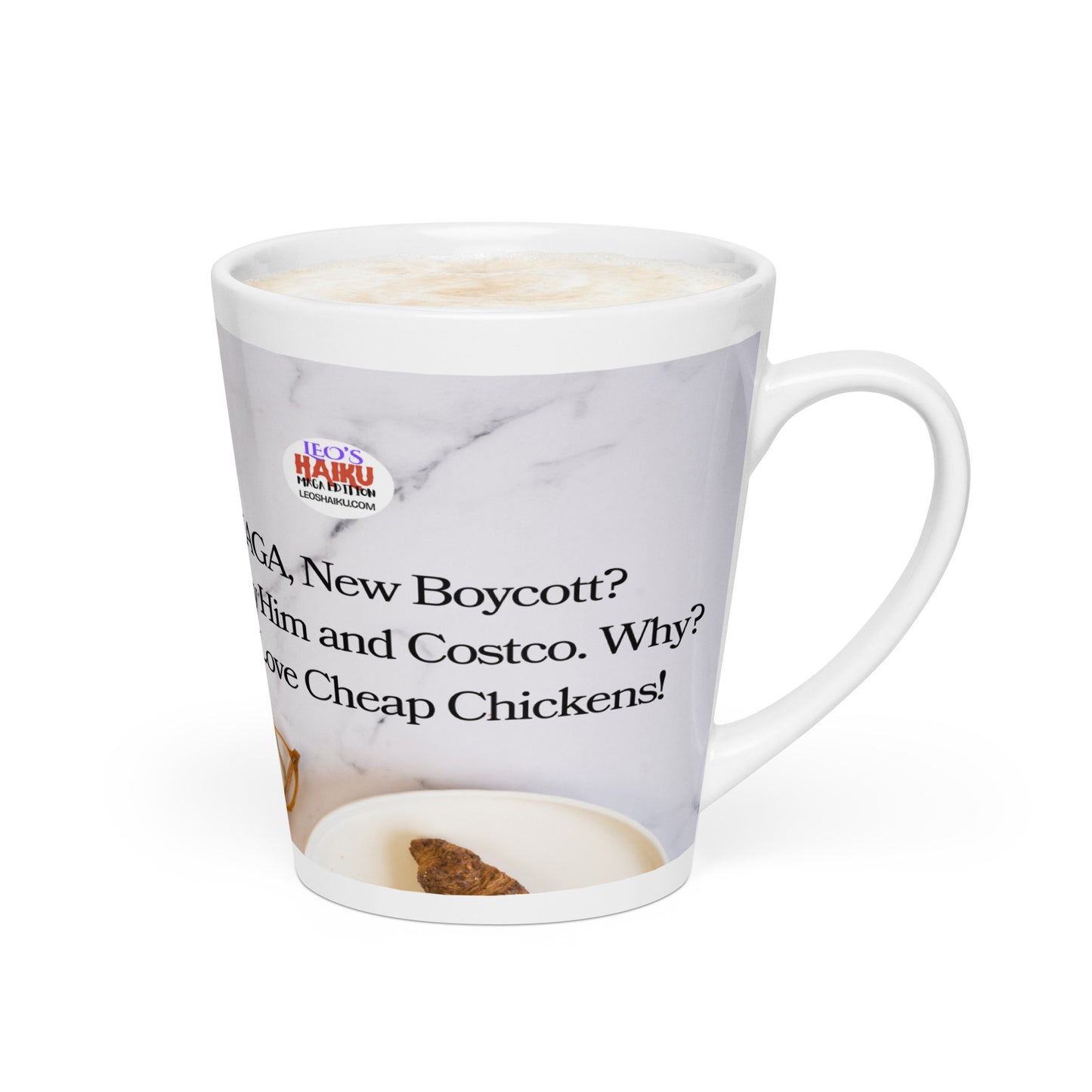 White glossy ceramic mug printed with image of a kitchen counter with a small plate and croissant. Political, satirical, anti-MAGA haiku is partially visible. Text logo for leoshaiku.com is fully visible