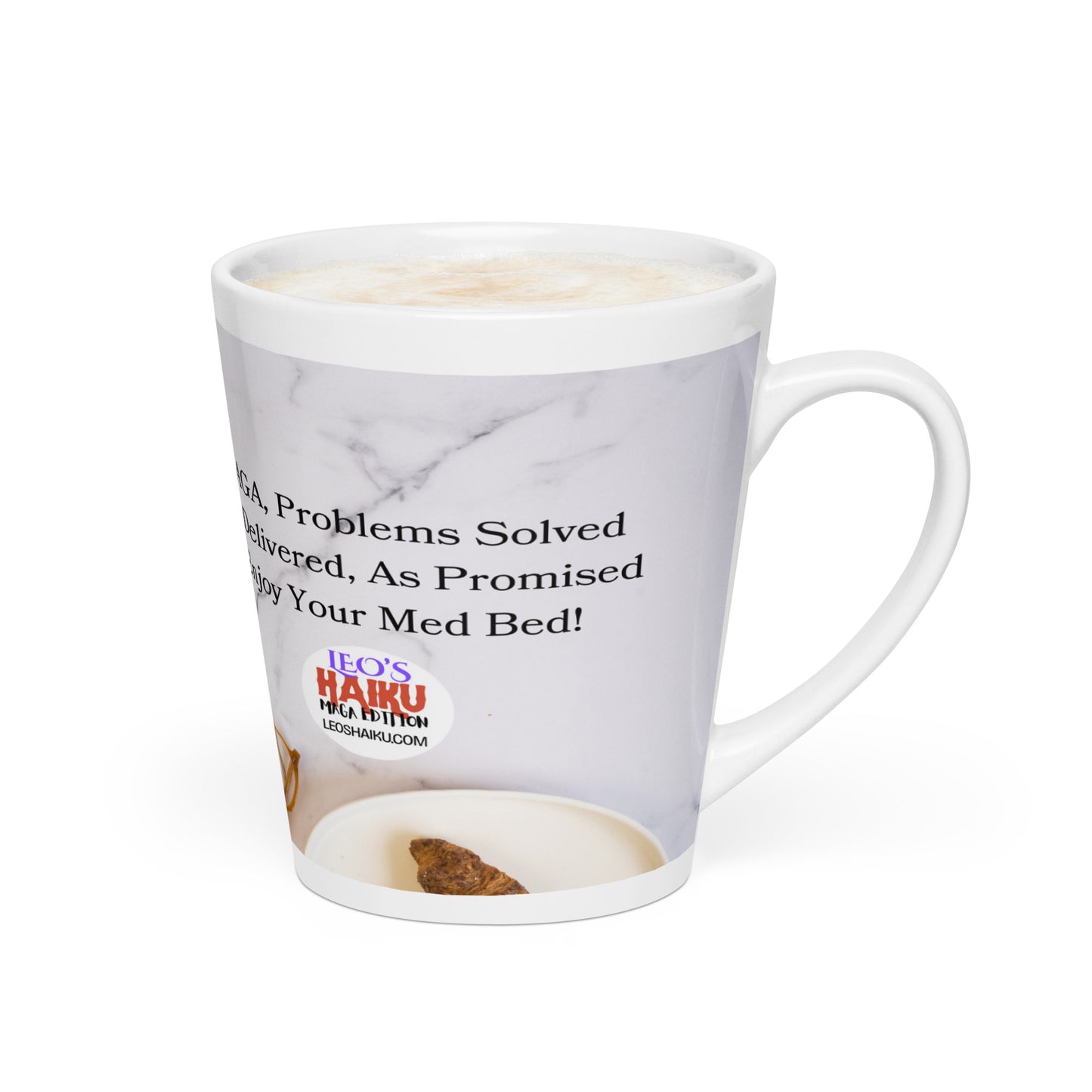 White glossy ceramic mug printed with image of a kitchen counter with a small plate and croissant. Political, satirical, anti-MAGA haiku is partially visible. Text logo for leoshaiku.com is fully visible