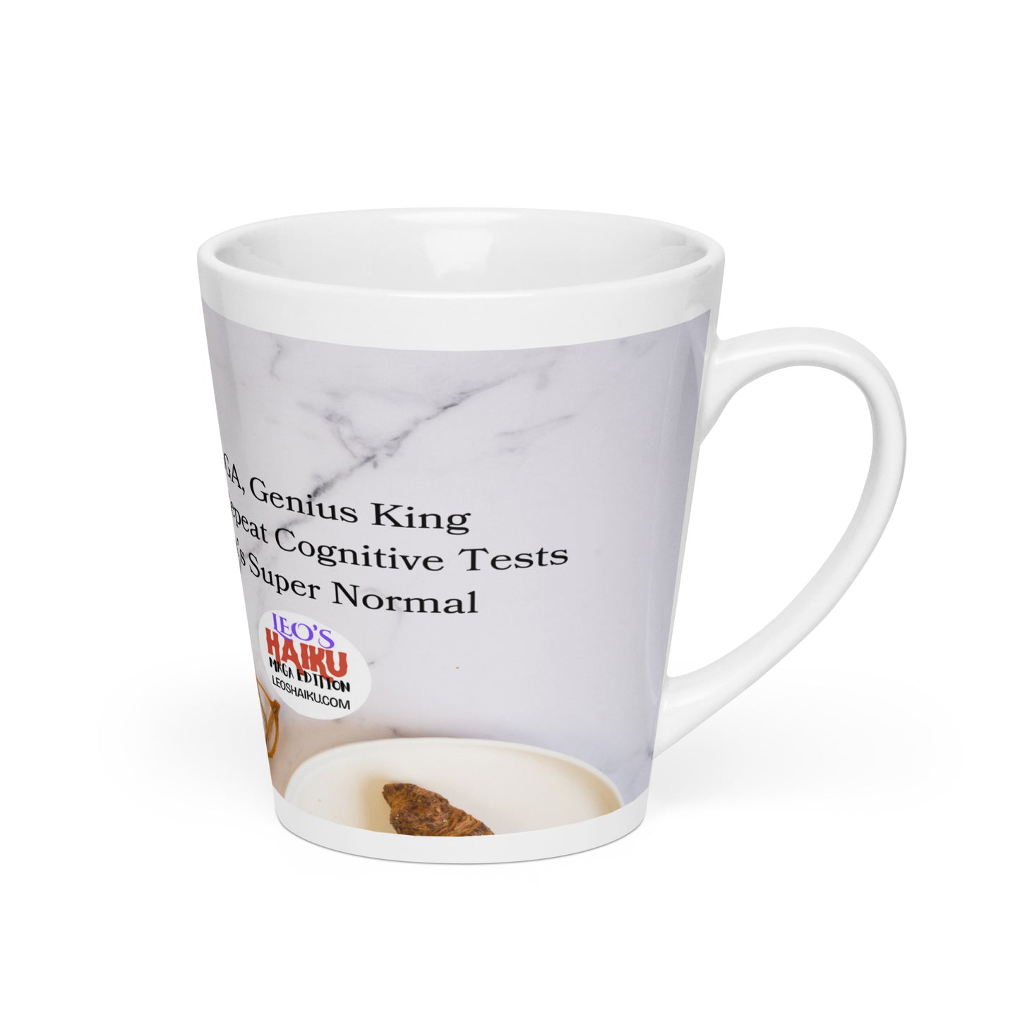 White glossy ceramic mug printed with image of a kitchen counter with a small plate and croissant. Political, satirical, anti-MAGA haiku is partially visible. Text logo for leoshaiku.com is fully visible