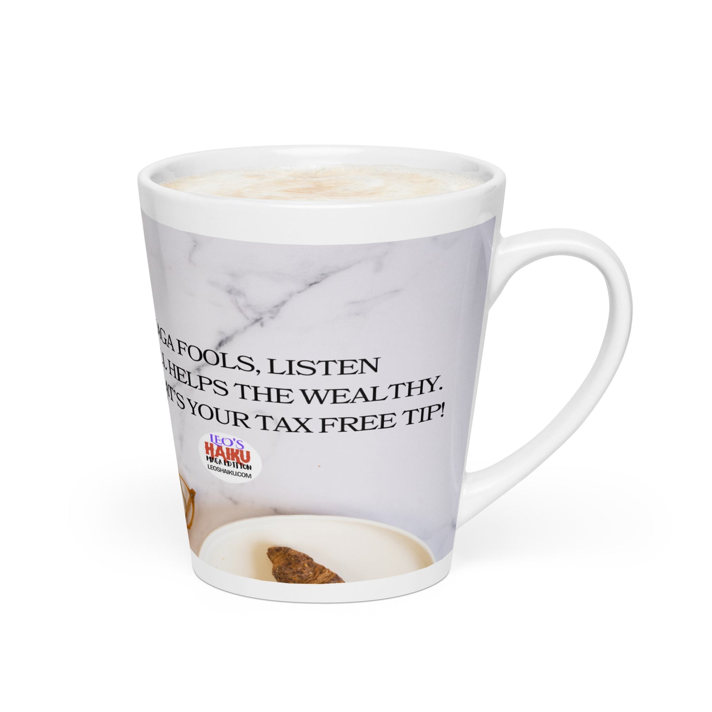 White glossy ceramic mug printed with image of a kitchen counter with a small plate and croissant. Political, satirical, anti-MAGA haiku is partially visible. Text logo for leoshaiku.com is fully visible
