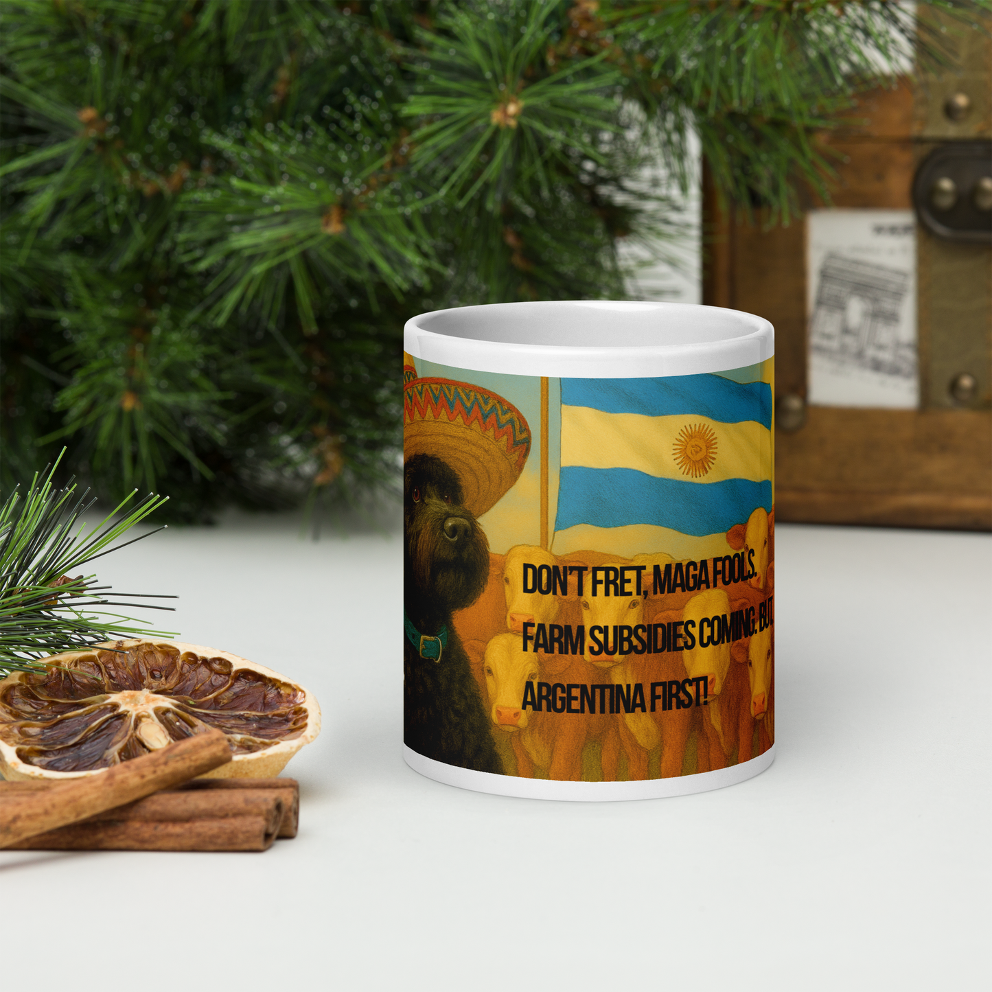 Front view of a white ceramic mug printed with an image of a black dog in a sombrero and cattle. Argentine flag is in the background. Text is political satire in haiku format.
