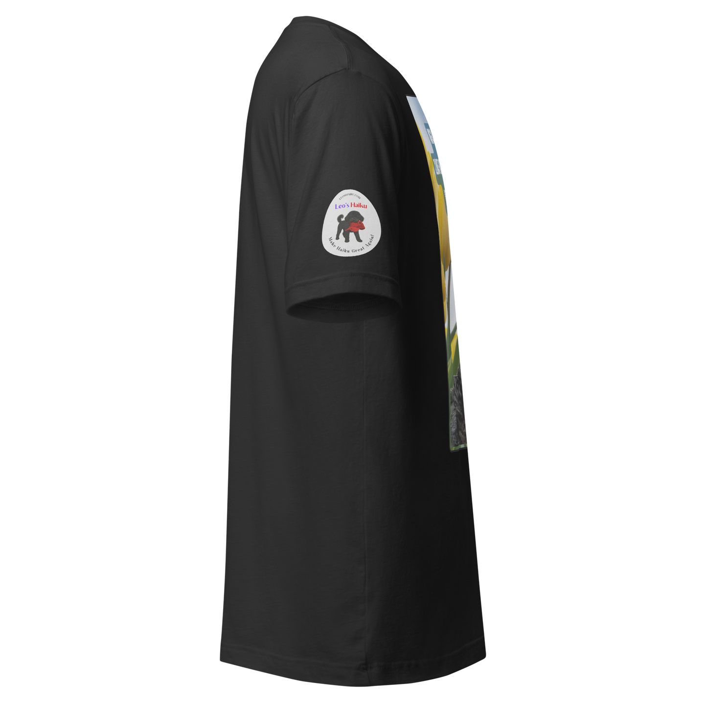 Right side view of dark gray t-shirt with the logo for Leo's Haiku on the sleeve.