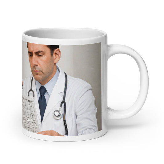 White glossy mug printed with image of a doctor with a stethoscope around his neck holding a paper that says Cognitive Test. Political, satirical, anti-Maga text is not visible in this view.
