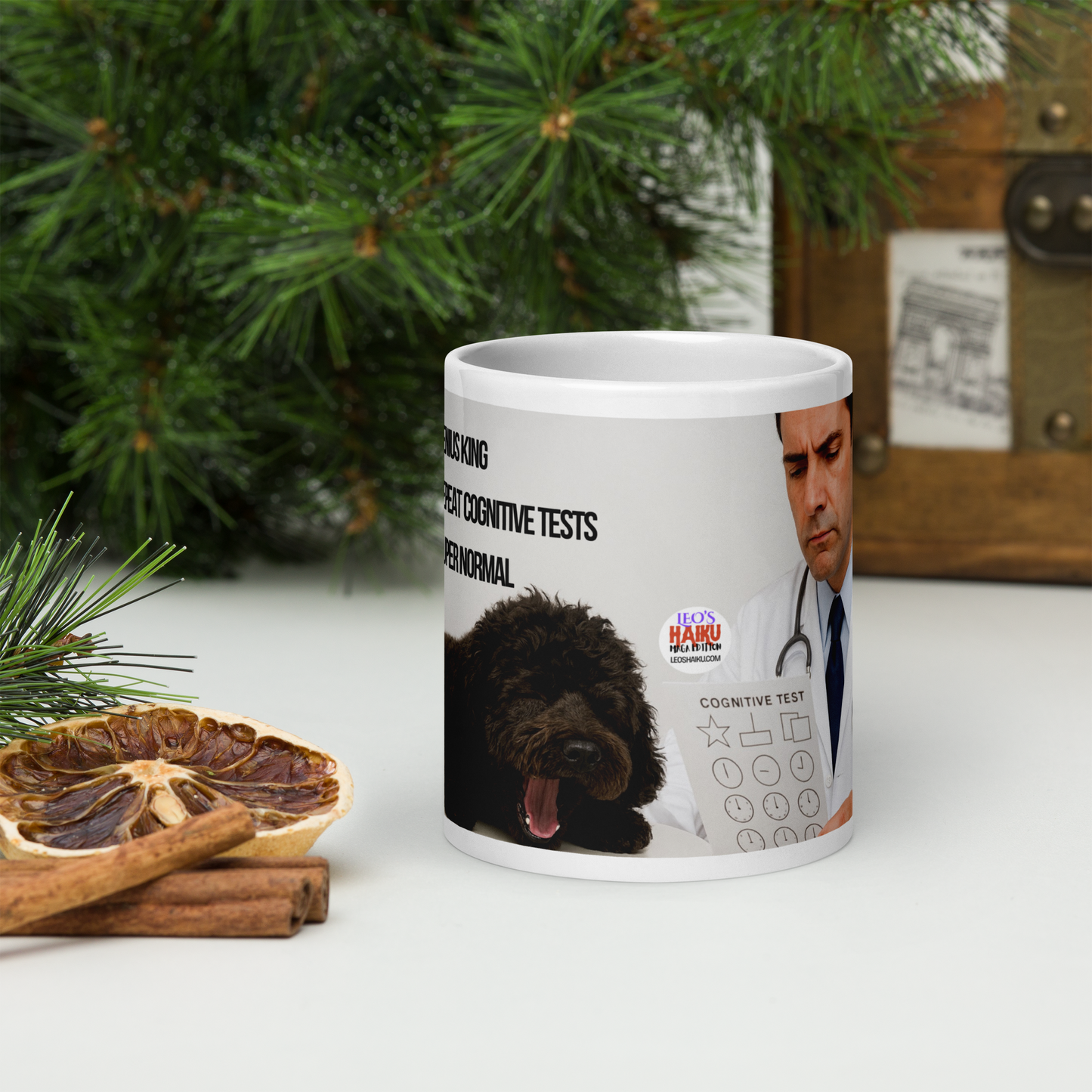 White glossy mug printed with an image of a doctor holding a paper printed with Cognitive Test; black dog is sleeping with his mouth open in the foreground. Political, satirical, anti-MAGA haiku is partially visible. Mug is on a table with Christmas decorations.