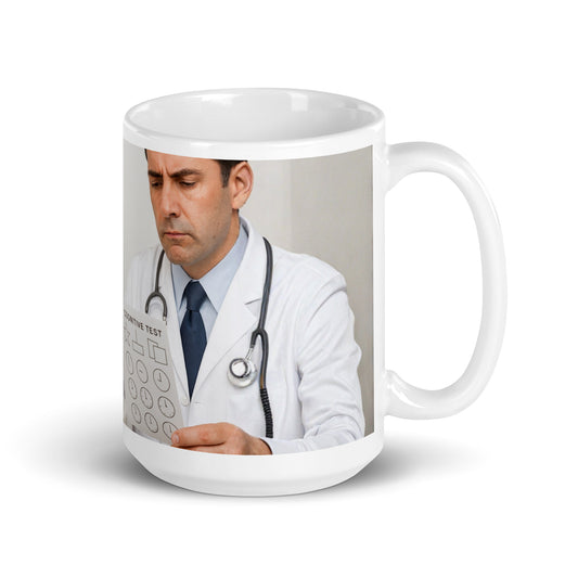 Glossy white mug with the image of a doctor holding a paper that says Cognitive Test. Political, satirical, anti-MAGA haiku is not visible in this view.