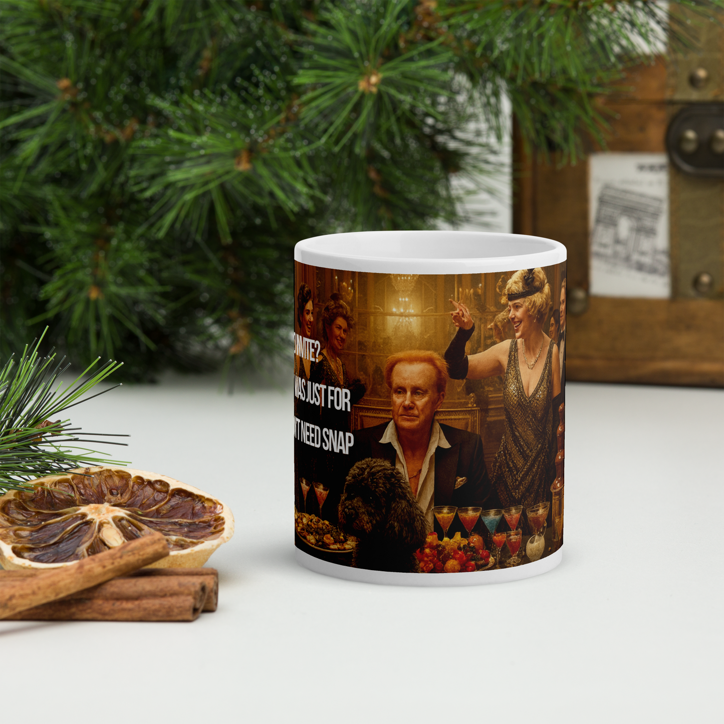 Mug with a design of a man and woman at a party. Mug is surrounded by Christmas decorations.