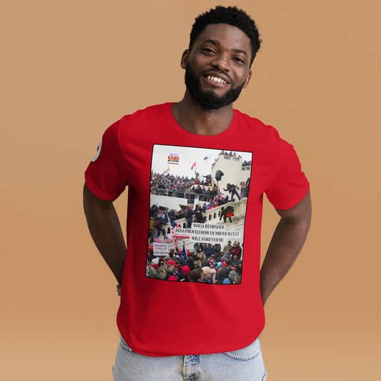 Man wearing a red t-shirt with a graphic design showing actual phone of the Jan 6 Insurrection at the US capital. Leo with a chewed red cap is mid right; the circular text logo of leoshaiku.com is upper left.