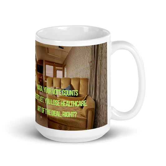 White glossy 15 oz mug printed with the interior of a luxury jet. Brown tones with lime green text. Political, Satirical, anti-MAGA haiku