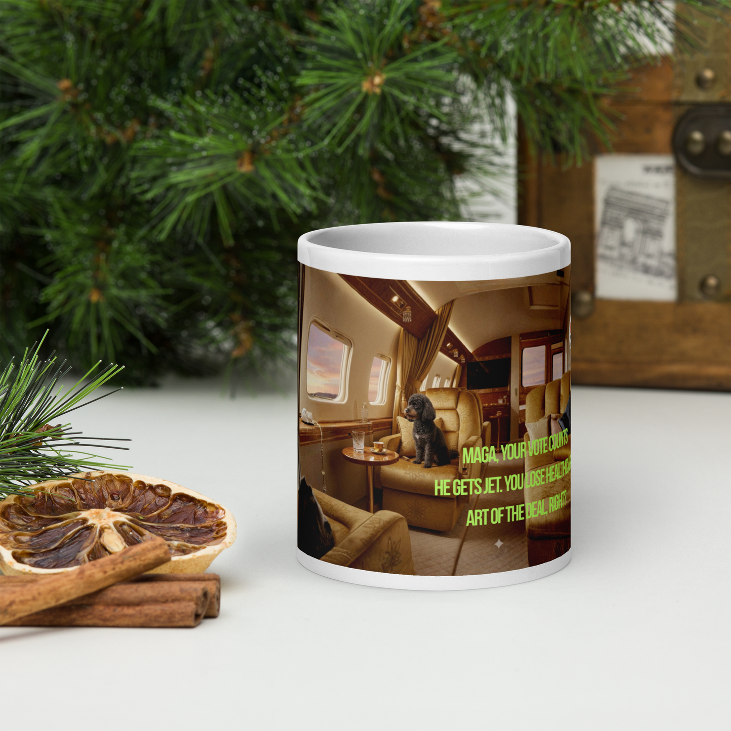 Glossy white Mug with airplane interior design. Leo the Poodle sits in a plan site and lime-colored text is shown. Mug sit on a table with Christmas decorations. Satirical, political, anti-MAGA mug.