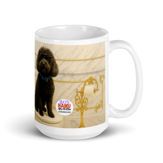White glossy mug printed with the image of a black dog sitting on top of a toilet seat in a very ornate gold and marble bathroom. Leoshaiku.com logo is displayed; handle on the right.