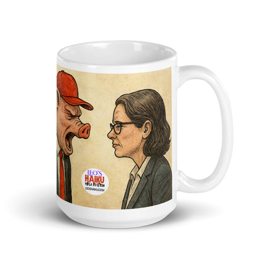Glossy white ceramic mug printed with the cartoon image of a pig-faced man in a suit, red tie and red hat screaming at a woman in a business suit. The text logo for leoshaiku.com is shown, but the political, satirical, anti-maga haiku is not visible on this side.
