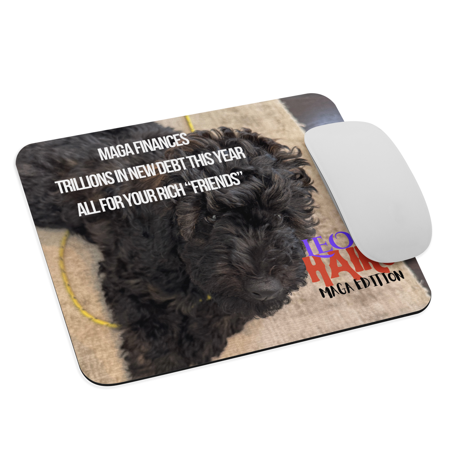 Standard-sized mouse pad printed with a poodle on a rug and political satire in Haiku format. A computer mouse sits on the right side of the pad.