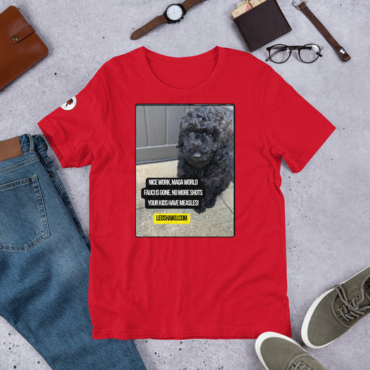 Red t-shirt surrounded by items to make an outfit - jeans, glasses, shoes, wallet, watch. T-shirt is printed with image of a dog in the corner of our outdoor patio. A political, satirical, anti-MAGA haiku reads:
Nice Work, MAGA World
Fauci's gone, No More Shots
Your Kids Have Measles!
Centered under that is leoshaiku.com in black letters on a yellow background.