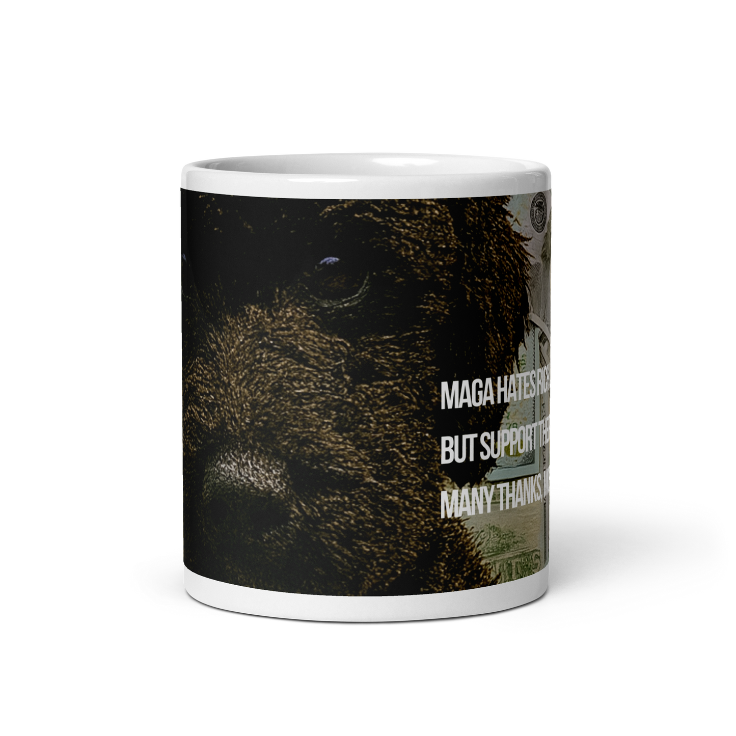 11 oz White ceramic mug, front view, printed with image of a dog surrounded by $100 bills, with political satire in Haiku format.