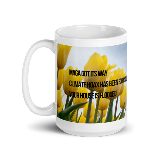 15 oz white ceramic mug, handle on the left printed with yellow tulips against a blue sky, with poodle and political satire in Haiku form.