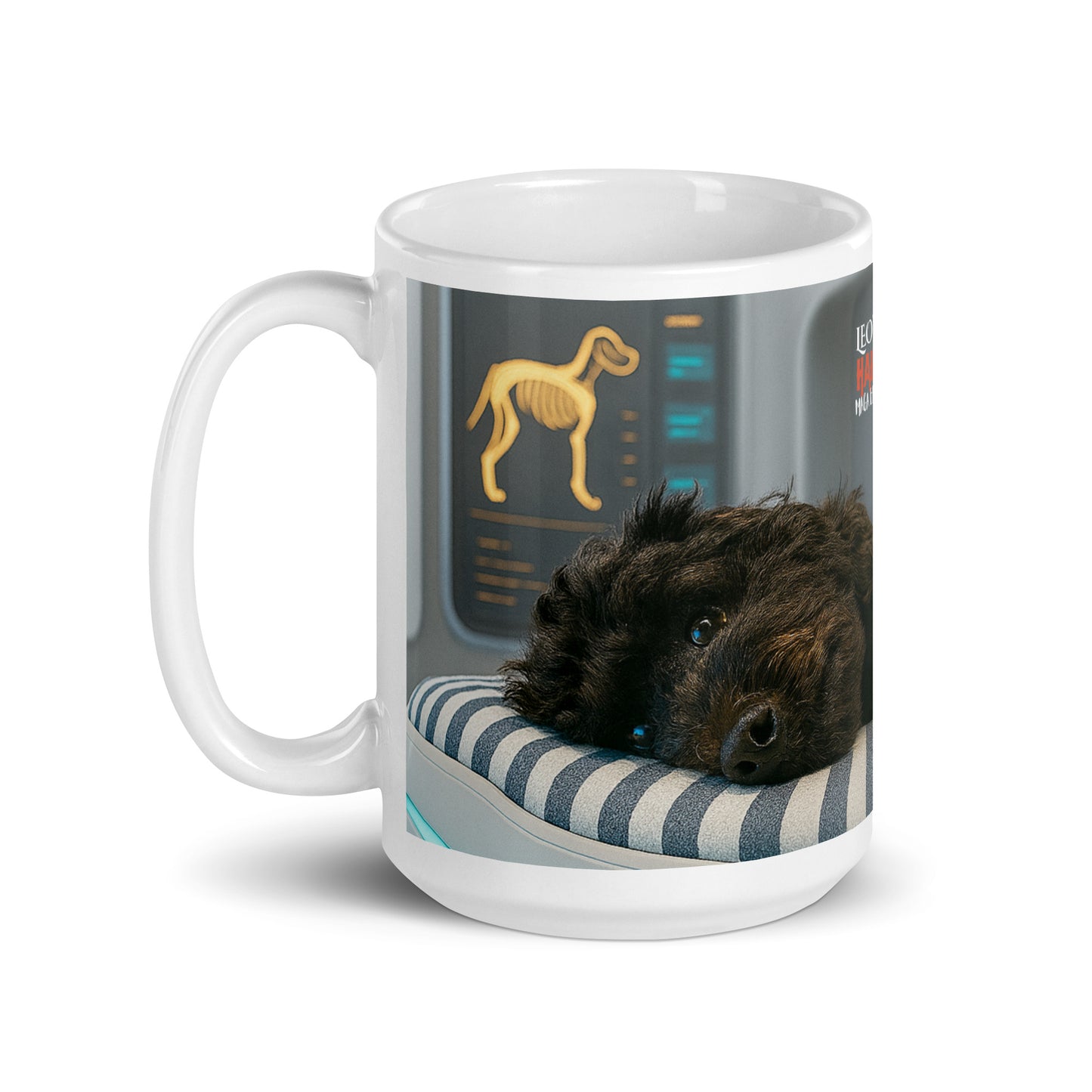15 oz white glossy ceramic mug, handle on the left, printed with the image of a black dog on a high tech med bed, political satire in haiku form, and branding.