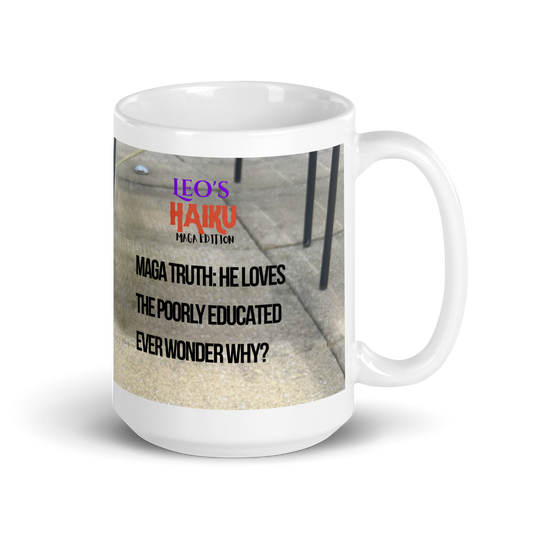 15 oz white glossy ceramic mug, handle on the right, printed in gray tones, showing poodle and political satire in Haiku form.