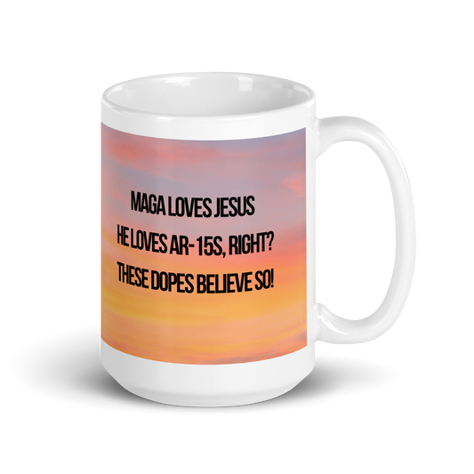 15 oz white ceramic mug printed with a colorful background, a poodle and a political satire in Haiku form.