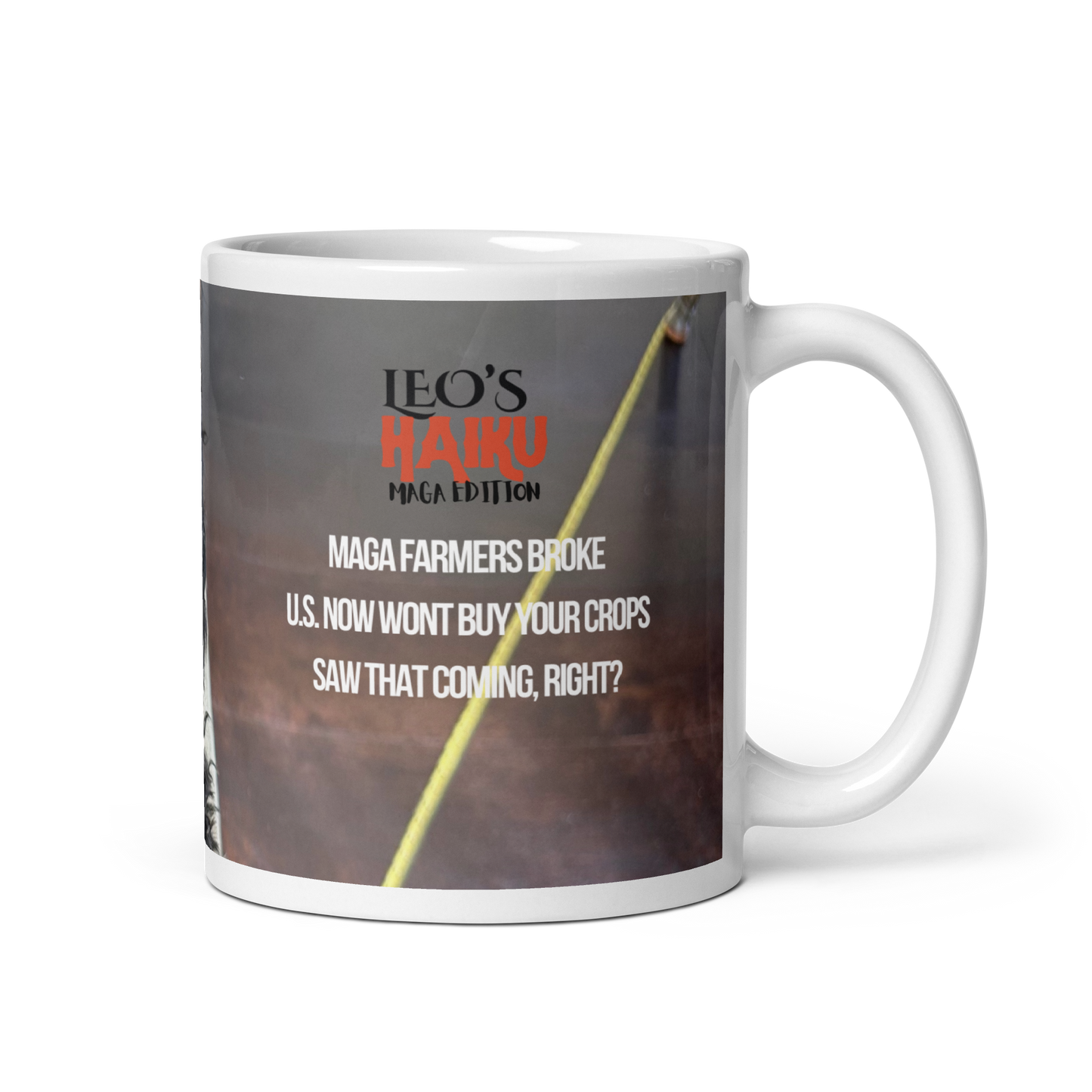 11 oz white ceramic mug, handle on the right,  printed with muted tones, a poodle, and political satire in the form of Haiku