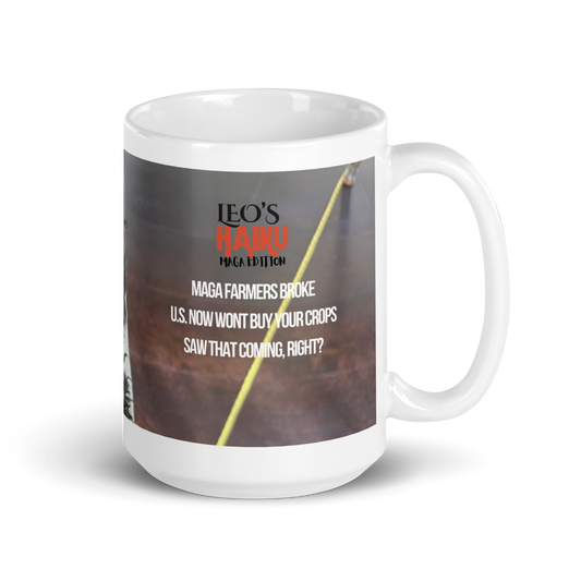 15 oz white ceramic mug, handle on the right, printed in muted tones and with a poodle and political satire in the form of Haiku.