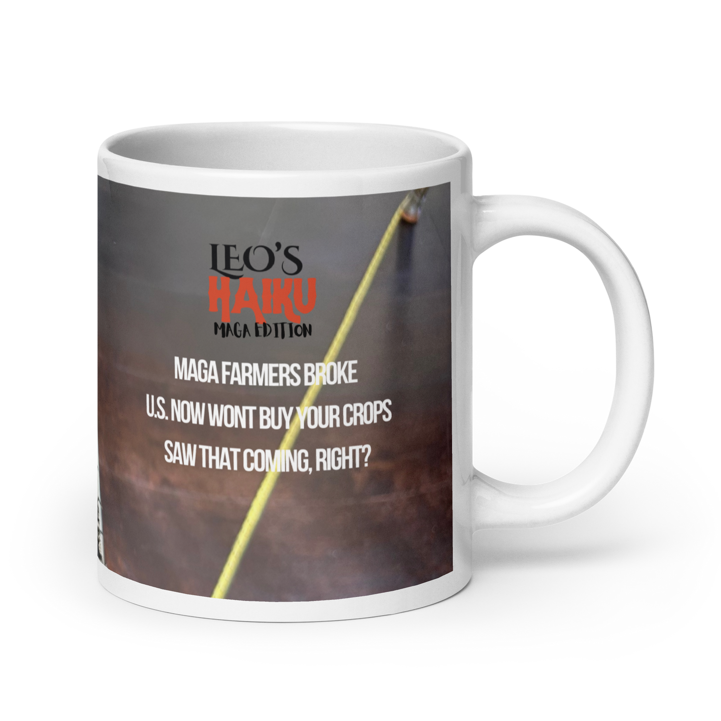 20 oz white ceramic mug, handle on the right, printed in muted tones and with a poodle and political satire in the form of Haiku.