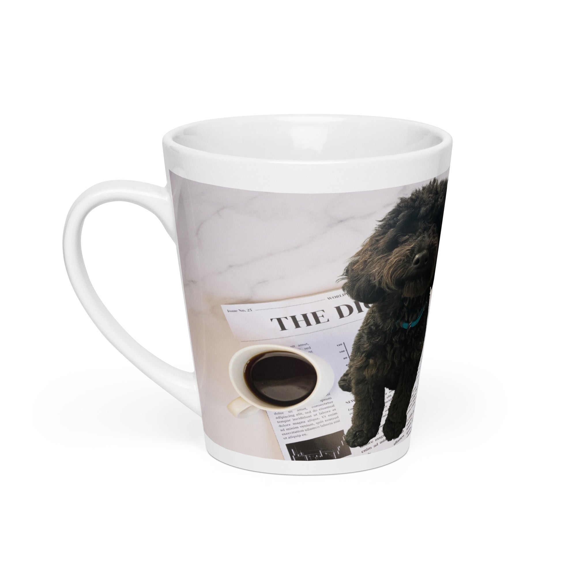 White glossy ceramic mug with a design of a dog sitting on a newspaper next to a cup of coffee