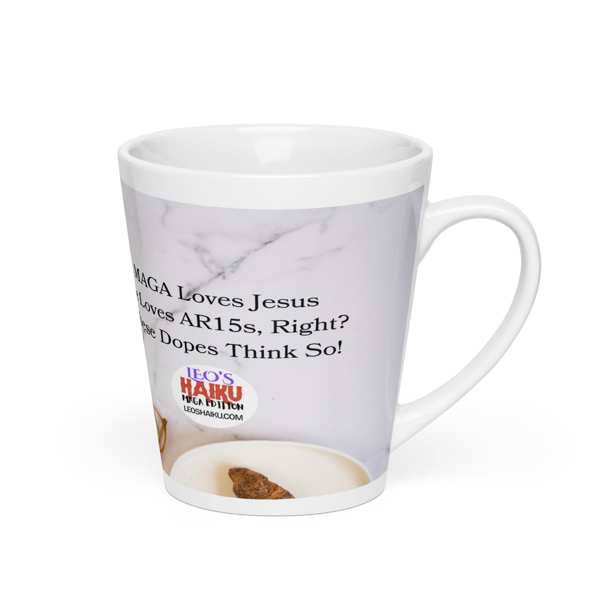 White glossy ceramic mug printed with image of a kitchen counter with a small plate and croissant.  Political, satirical, anti-MAGA haiku is partially visible. Text logo for leoshaiku.com is fully visible