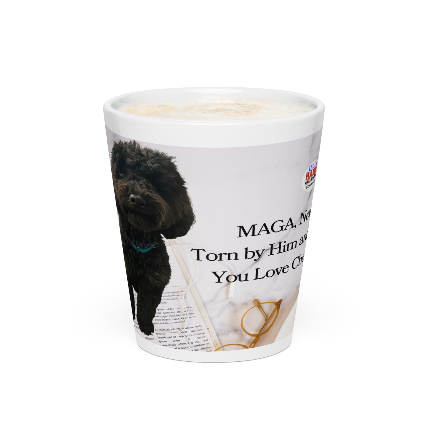 White glossy ceramic mug printed with image of a kitchen counter with a back dog sitting on a newspaper and glasses.  Political, satirical, anti-MAGA haiku is partially visible as is the text logo for leoshaiku.com