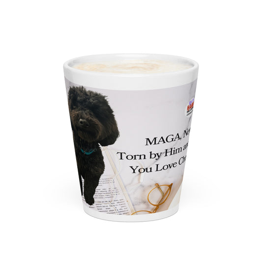 White glossy ceramic mug printed with image of a kitchen counter with a back dog sitting on a newspaper and glasses.  Political, satirical, anti-MAGA haiku is partially visible as is the text logo for leoshaiku.com