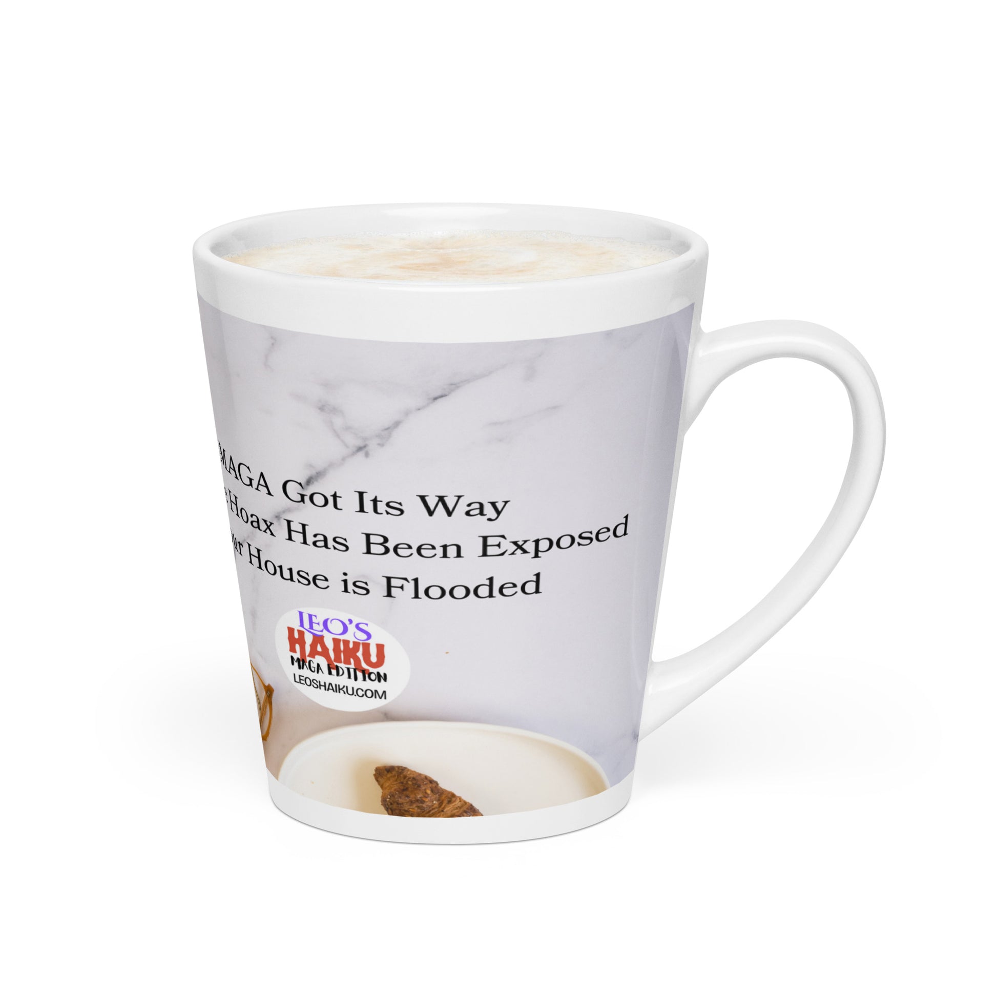 White glossy ceramic mug printed with image of a kitchen counter with a small plate and croissant.  Political, satirical, anti-MAGA haiku is partially visible. Text logo for leoshaiku.com is fully visible