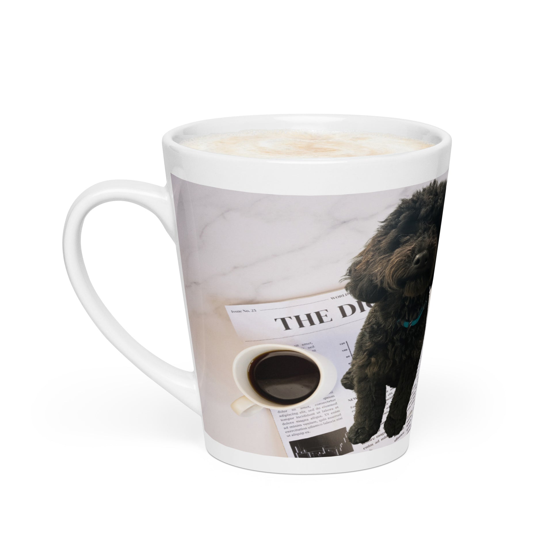 White glossy ceramic mug with a design of a dog sitting on a newspaper next to a cup of coffee