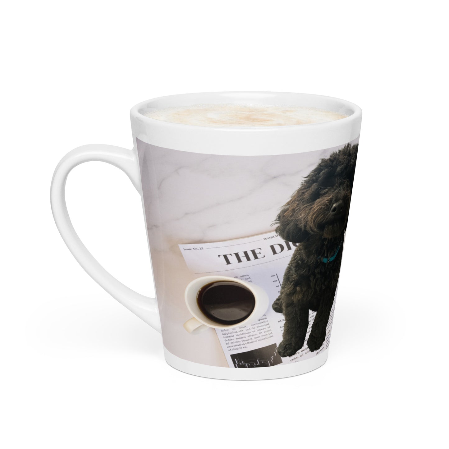 White glossy ceramic mug with a design of a dog sitting on a newspaper next to a cup of coffee