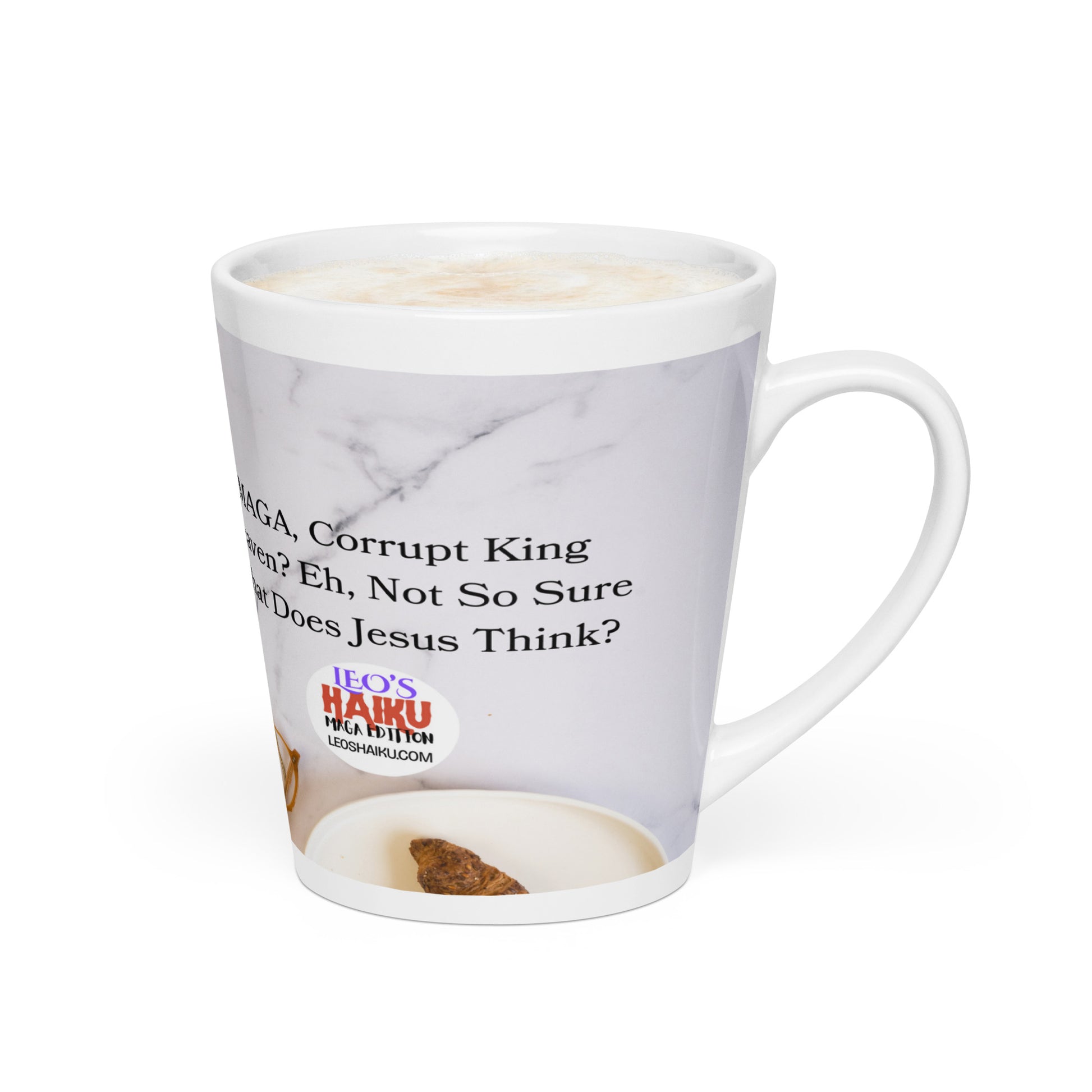 White glossy ceramic mug printed with image of a kitchen counter with a small plate and croissant.  Political, satirical, anti-MAGA haiku is partially visible. Text logo for leoshaiku.com is fully visible
