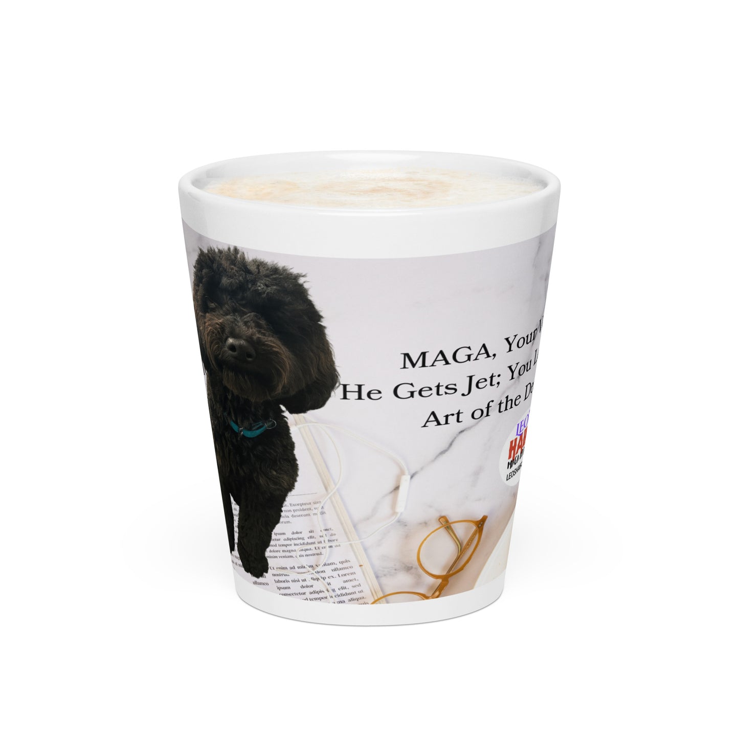 White glossy ceramic mug printed with image of a kitchen counter with a back dog sitting on a newspaper and glasses.  Political, satirical, anti-MAGA haiku is partially visible as is the text logo for leoshaiku.com