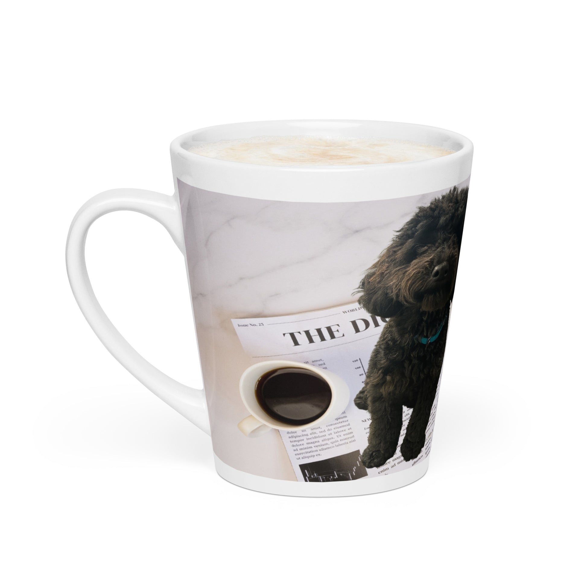 White glossy ceramic mug with a design of a dog sitting on a newspaper next to a cup of coffee