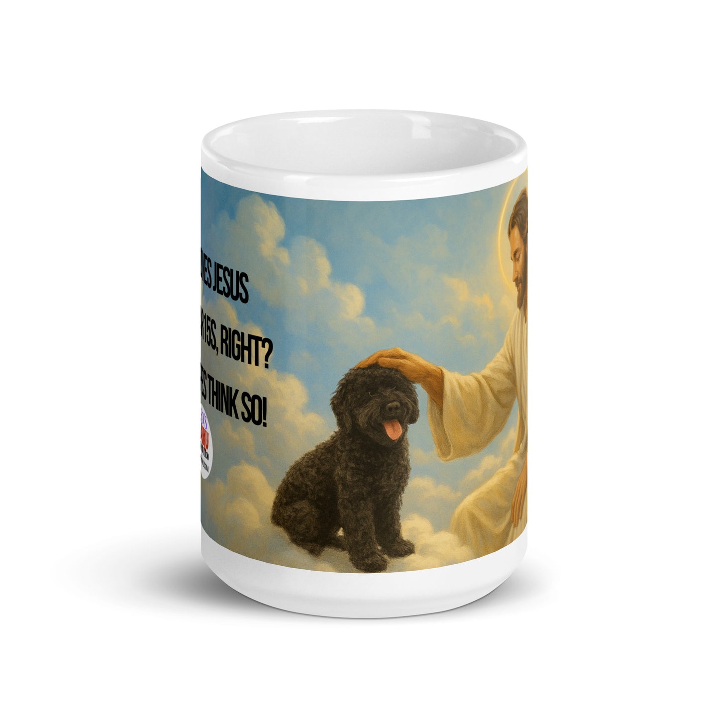 Image of a black dog in heaven with Jesus patting his head.  Satirical, political, anti-MAGA haiku text is partially shown