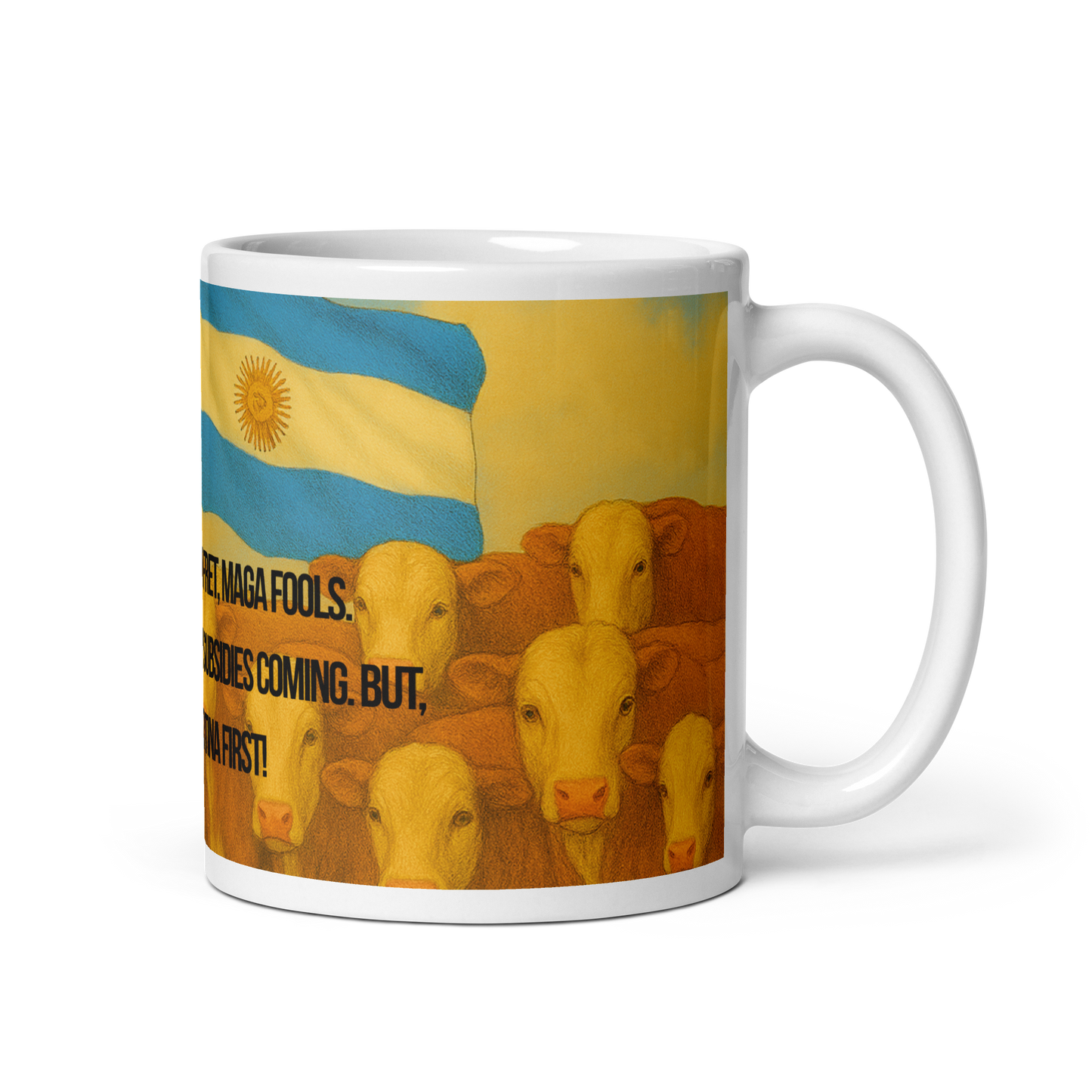 White glossy mug with a design of cows and an Argentine flag on a white background.  Text is partially visible; handle on the right.