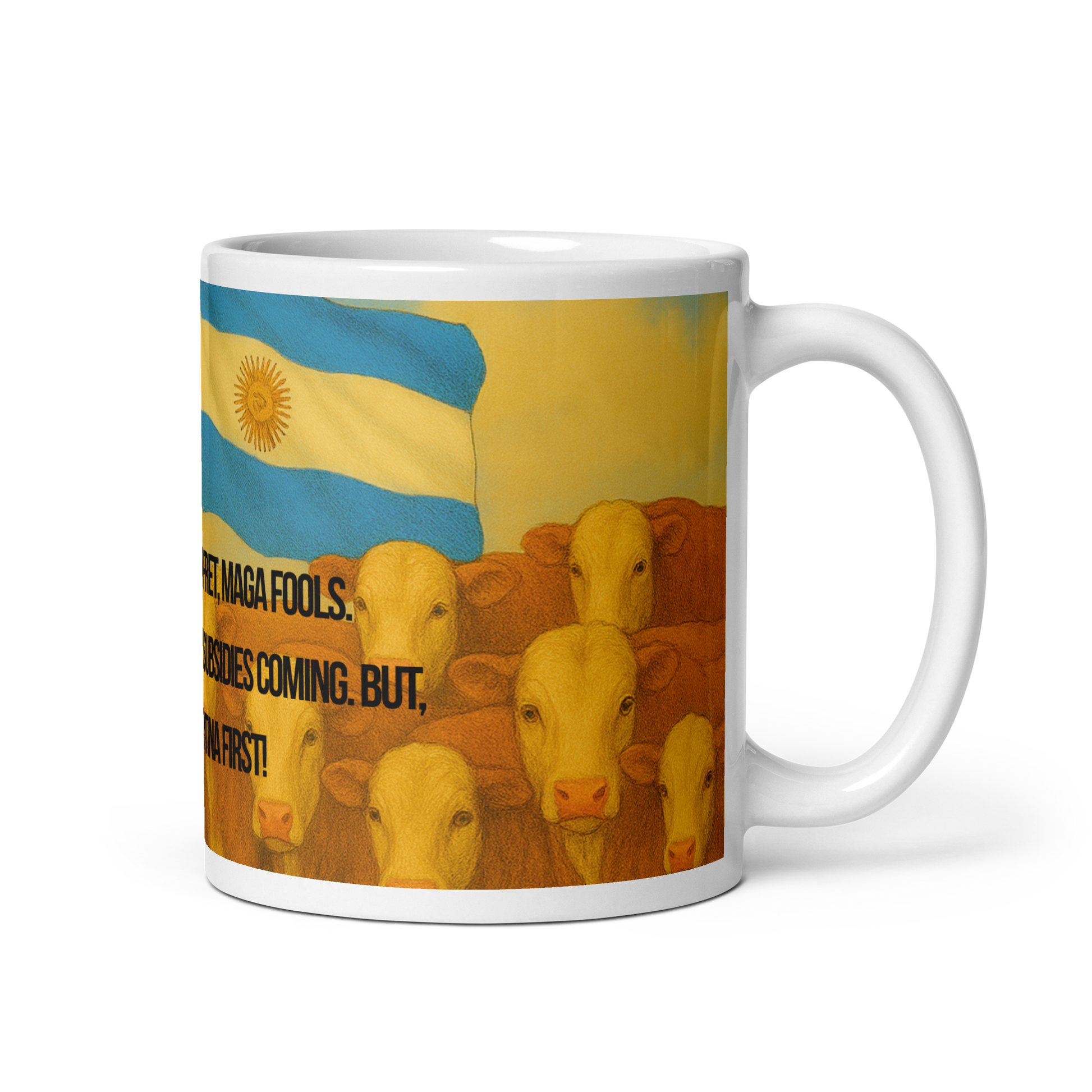 White glossy mug with a design of cows and an Argentine flag on a white background.  Text is partially visible; handle on the right.