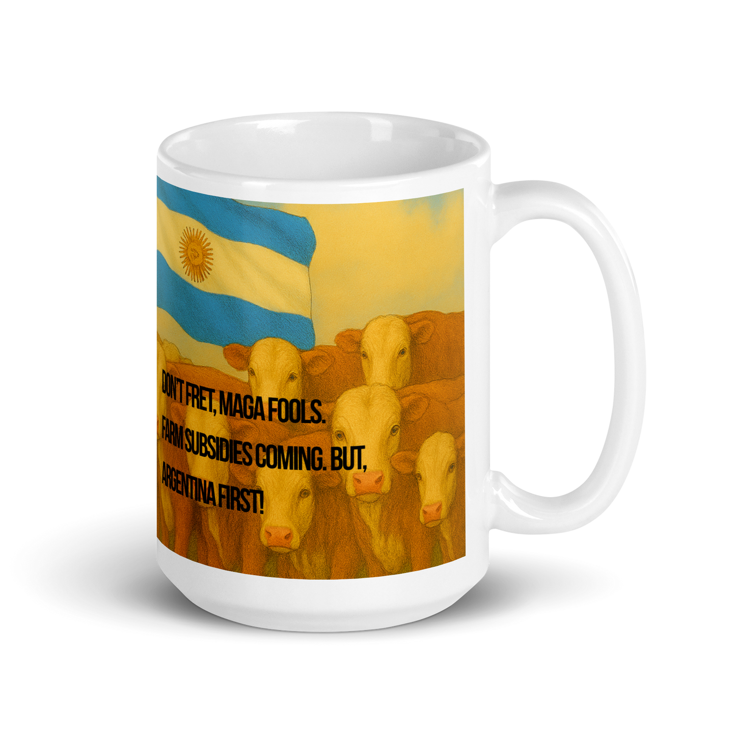 White glossy mug with a design of cows and an Argentine flag on a white background.  Text is partially visible; handle on the right.