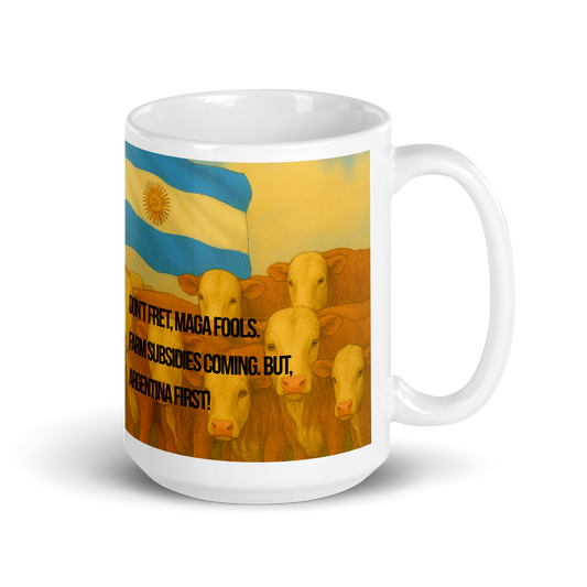 White glossy mug with a design of cows and an Argentine flag on a white background.  Text is partially visible; handle on the right.
