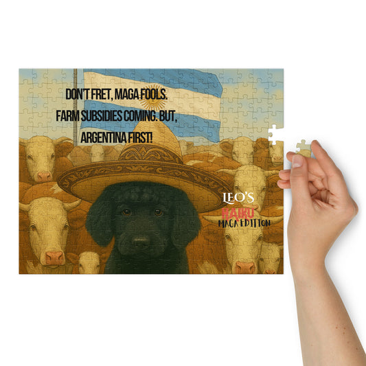 Glossy 252-piece jigsaw puzzle printed with image of a black dog in a sombrero surrounded by cattle.  they stand under the Argentina flag.  Text is political satire in haiku format branding is also visible.  On the right side, a woman's hand is poised to place the final piece.