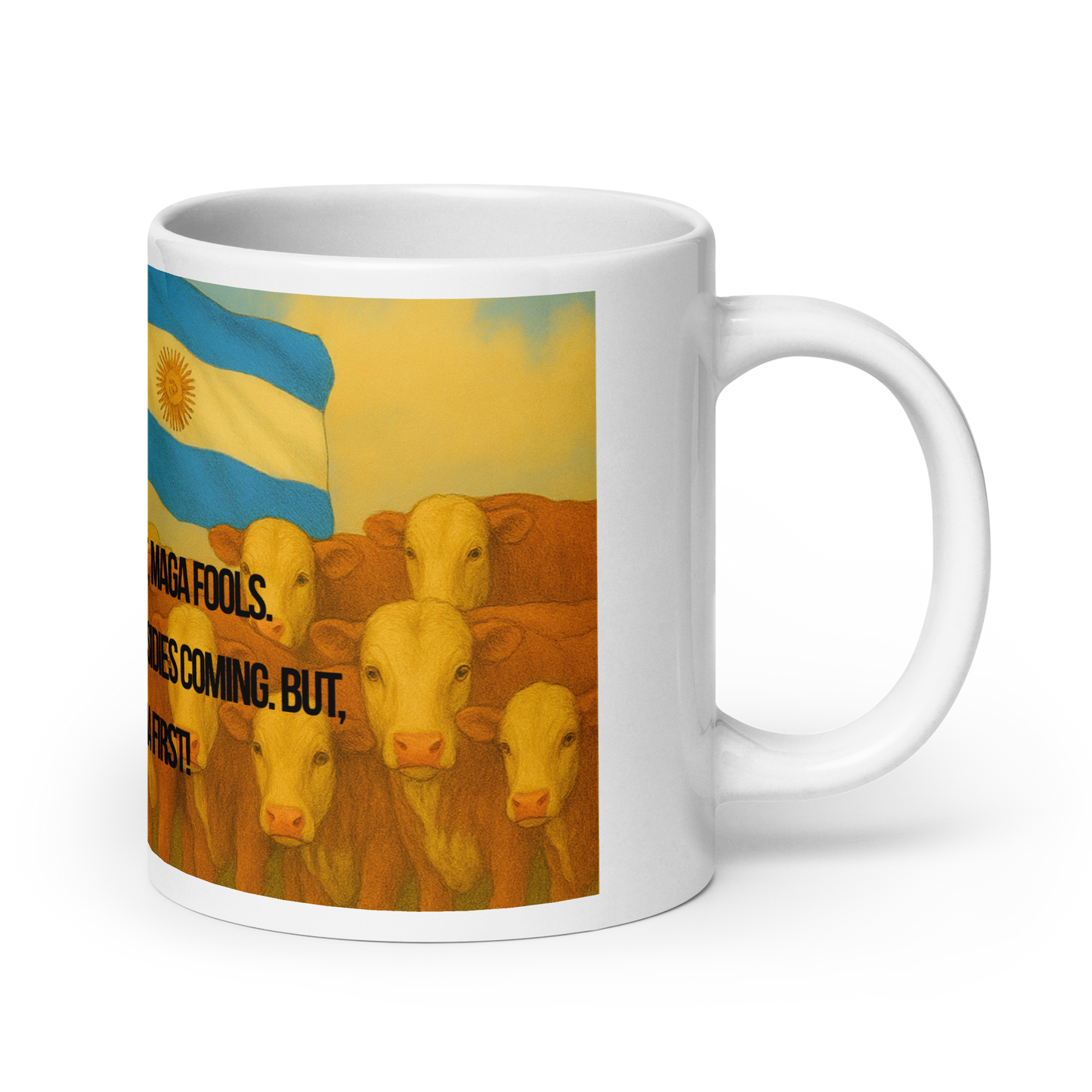 White mug with a graphic design of cows and text on a white background.  Some text and the Argentine flag showing.  Handle on the right.