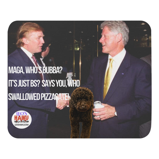 Bill Clinton and Donald Trump in suits with a dog between them, shake hands at an event.  Features political, satirical, anti-MAGA haiku and text logo for leoshaiku.com at the bottom.