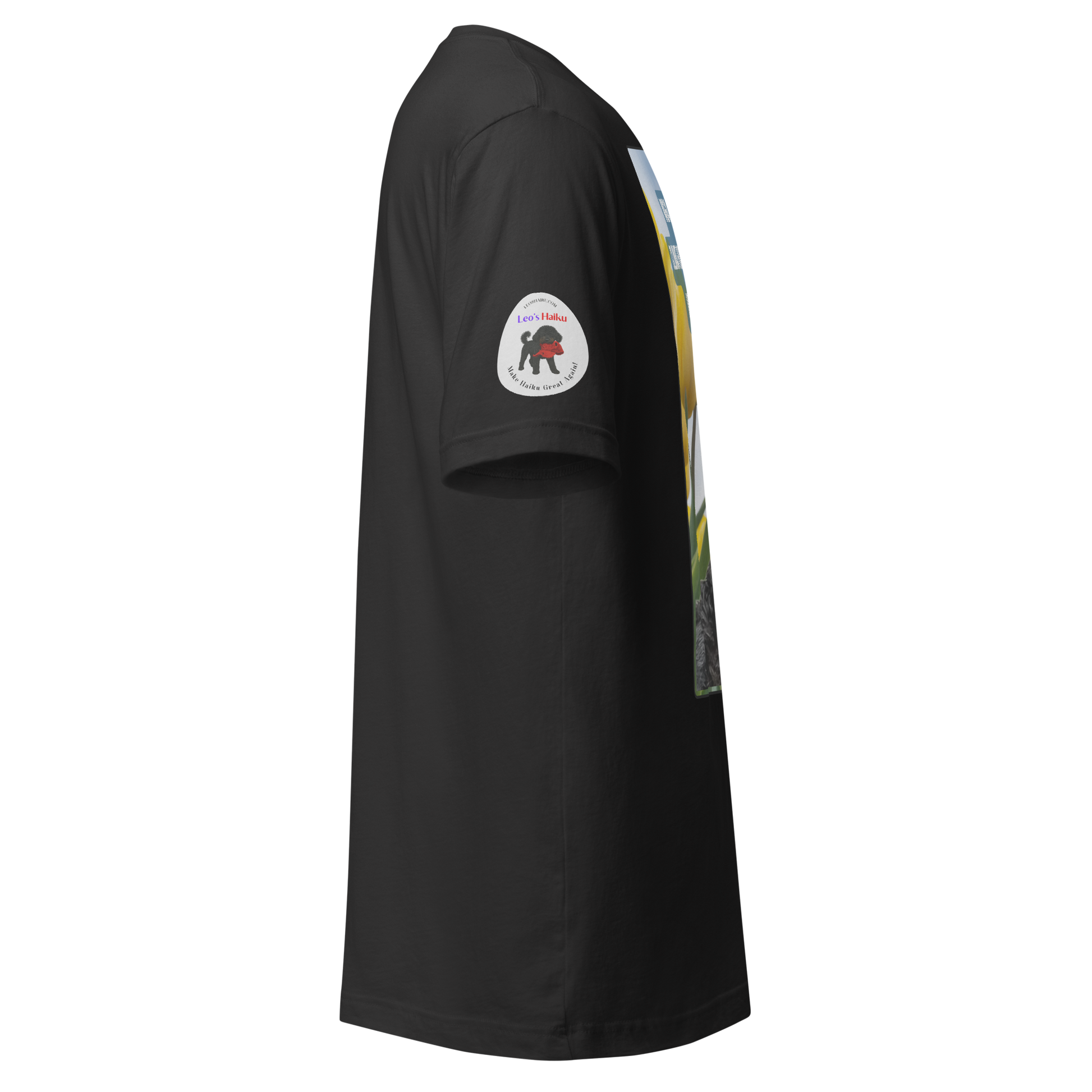 Right side view of dark gray t-shirt with the logo for Leo's Haiku on the sleeve.