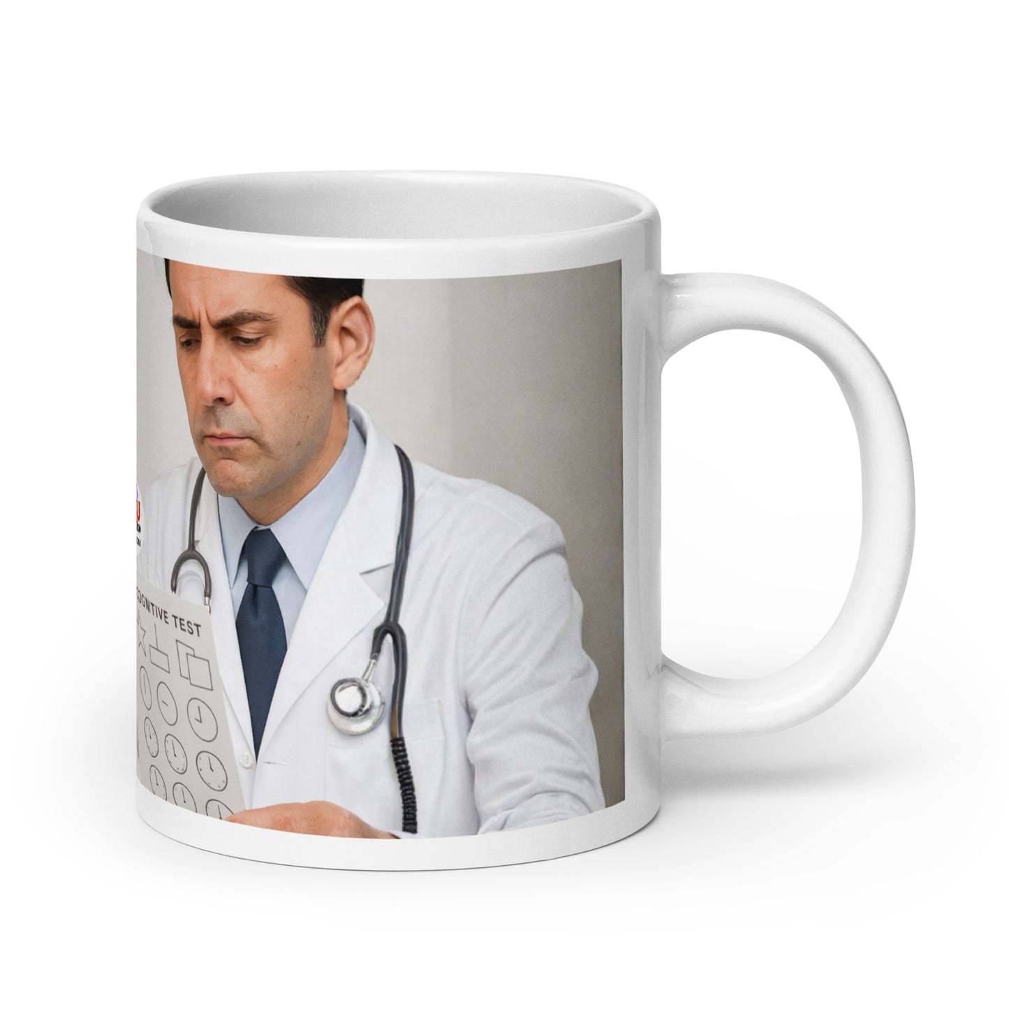 White glossy mug printed with image of a doctor with a stethoscope around his neck holding a paper that says Cognitive Test.  Political, satirical, anti-Maga text is not visible in this view.