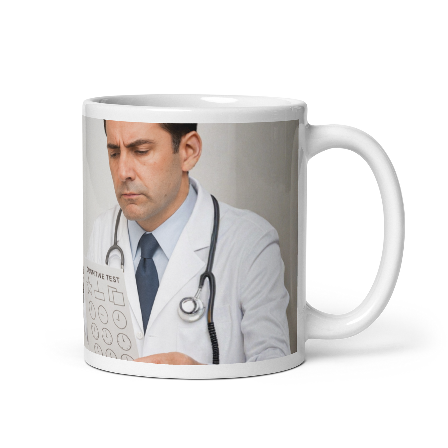 Glossy white mug with the image of a doctor holding a paper that says Cognitive Test.  Political, satirical, anti-MAGA haiku is not visible in this view.
