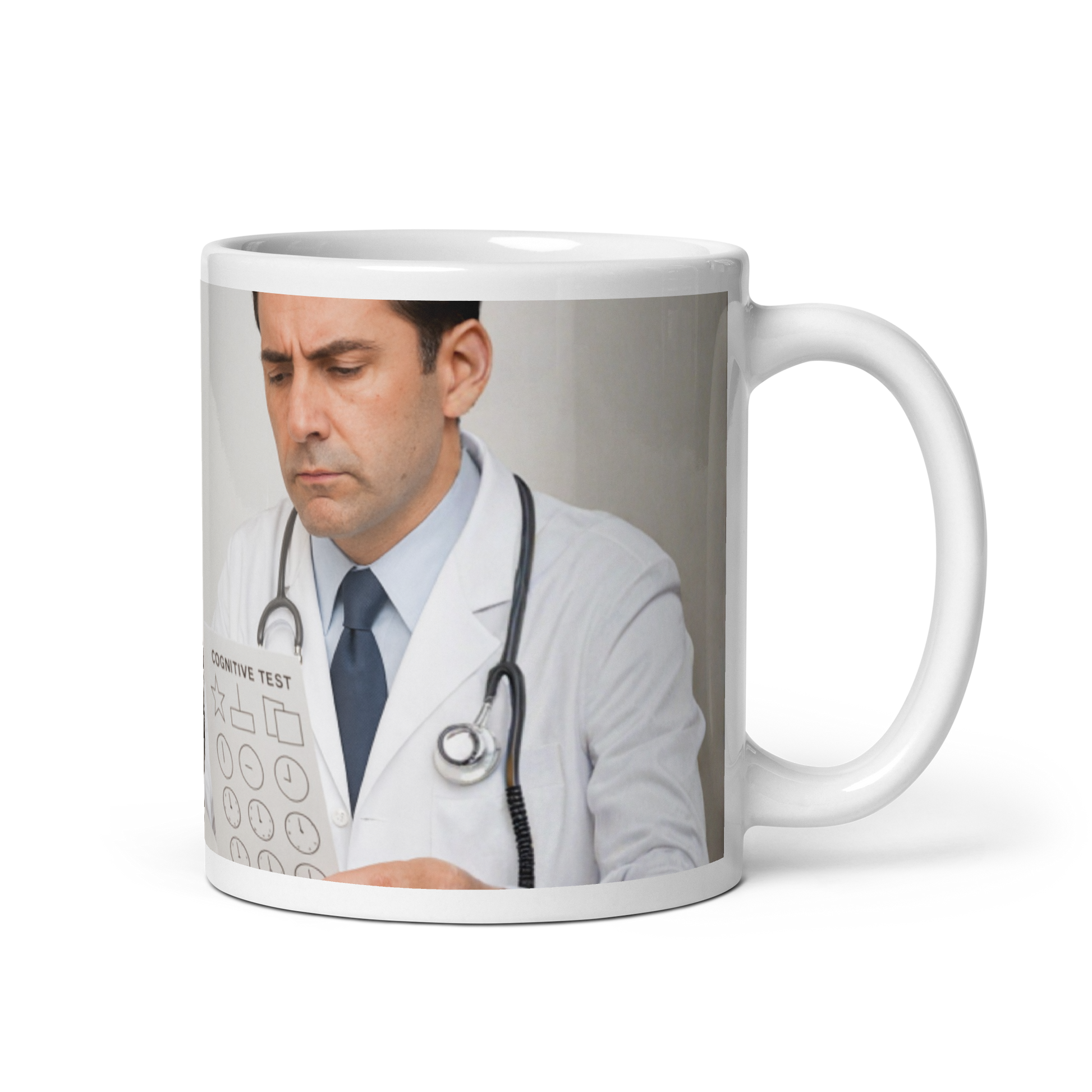 Glossy white mug with the image of a doctor holding a paper that says Cognitive Test.  Political, satirical, anti-MAGA haiku is not visible in this view.
