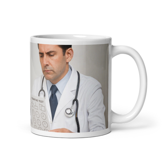 Glossy white mug with the image of a doctor holding a paper that says Cognitive Test.  Political, satirical, anti-MAGA haiku is not visible in this view.